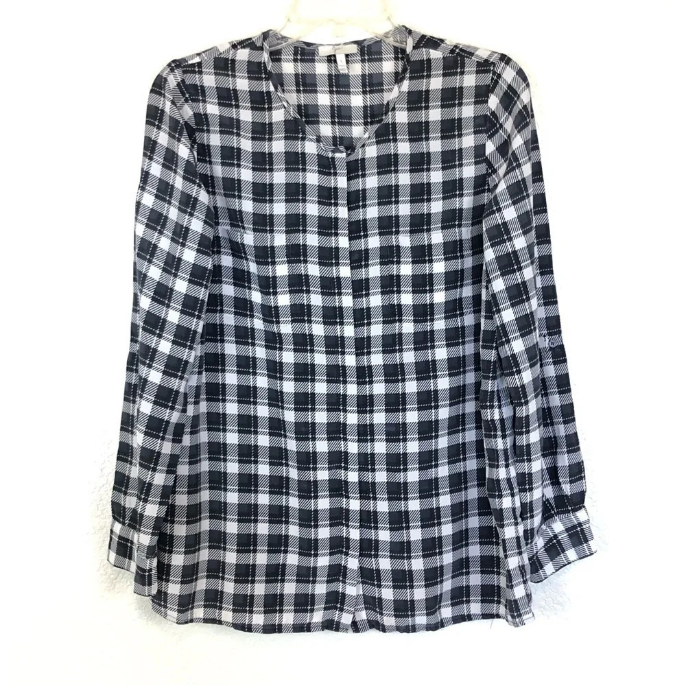 Joie Black White Plaid Silk Blouse Long Sleeve Small